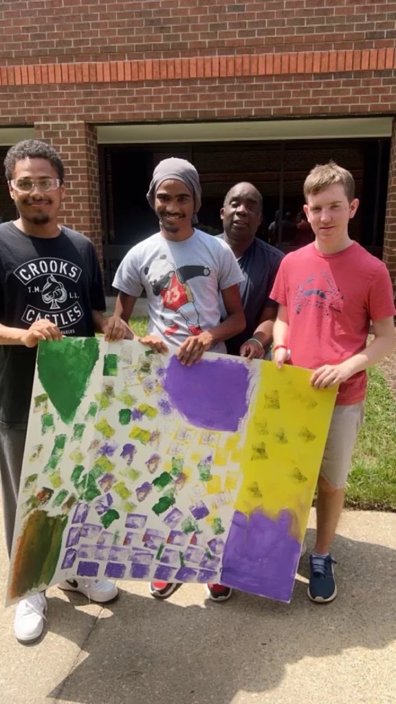 Adults standing together and holding colorful artwork during an adult day support program activity.