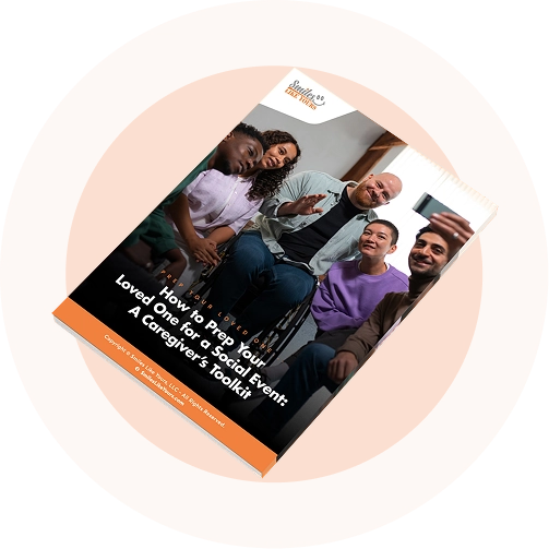Caregivers and adults with developmental disabilities engaging in a social setting, featuring the guide "How to Prep Your Loved One for a Social Event: A Caregiver’s Toolkit" by Smiles Like Yours.