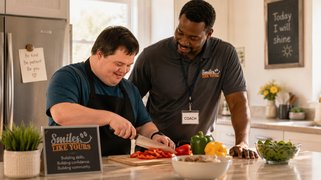 Adult day support in Richmond VA helping an adult with developmental disabilities build daily living skills.