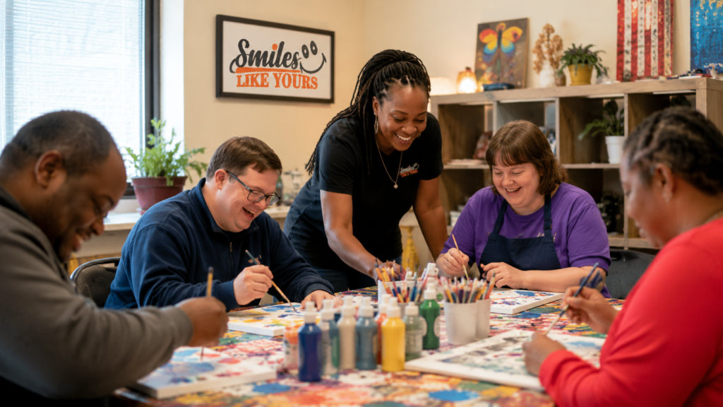 Adults participating in adult day support in Richmond VA through a creative group activity at Smiles Like Yours.
