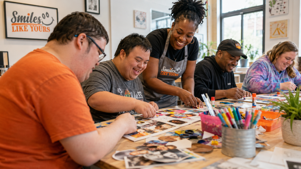 Adults participating in adult day support in Richmond VA through a creative group activity at Smiles Like Yours.