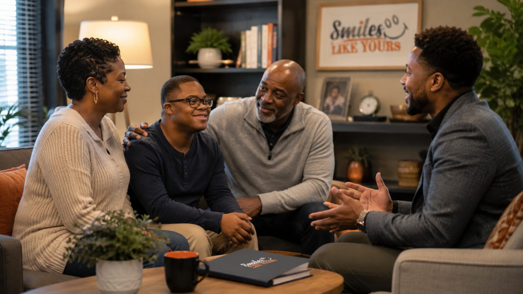 Family discussing adult day support in Richmond VA with a Smiles Like Yours support professional.