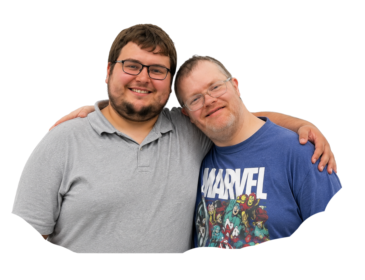 Two smiling Smiles Like Yours members wearing branded t-shirts