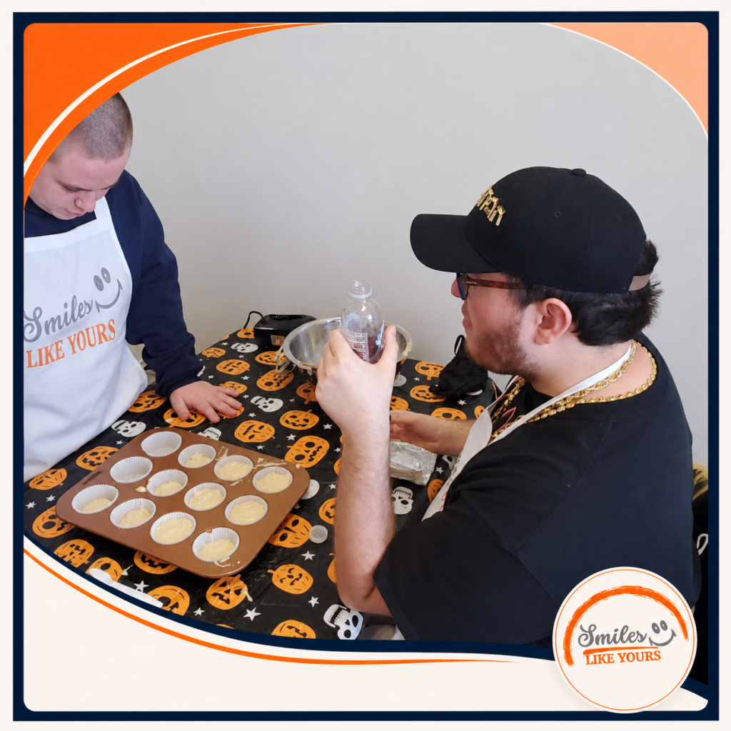 Adults with disabilities practicing cooking and baking skills during a supported activity at Smiles Like Yours.