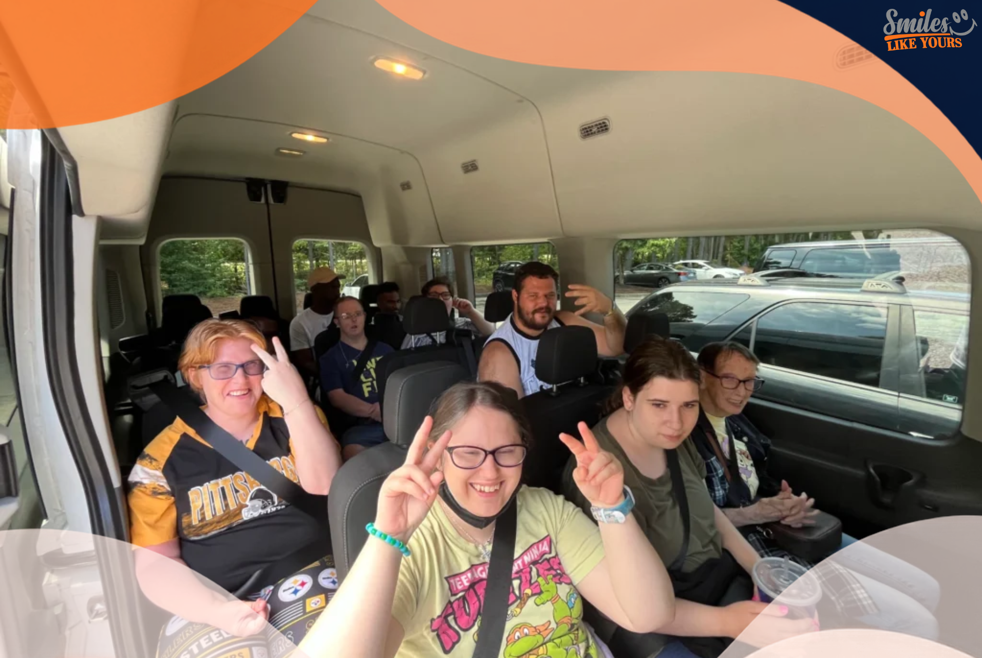 Adults with developmental disabilities traveling together in a van for a supported community outing.