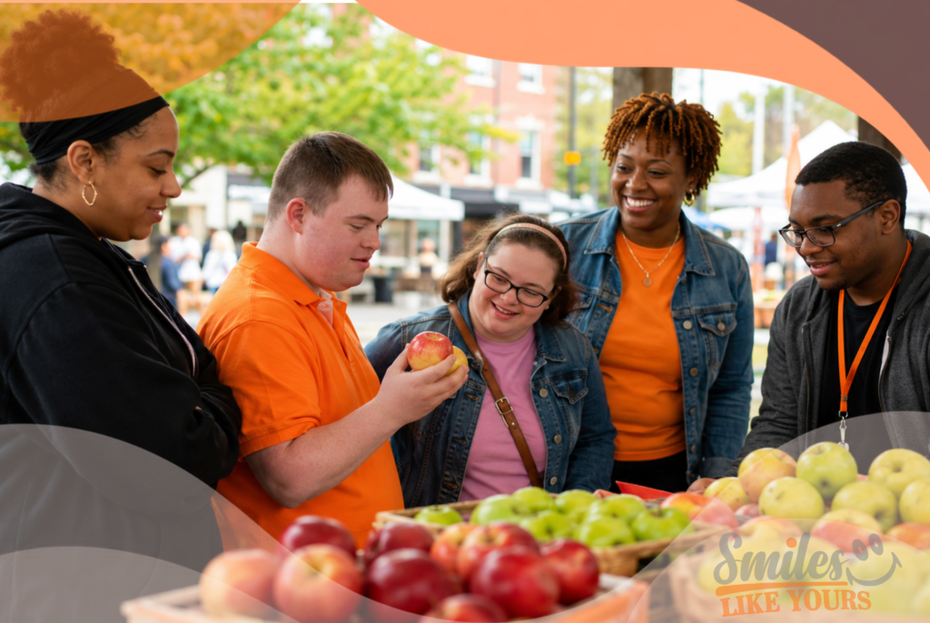 Adults preparing for community outings for adults with disabilities using a visual schedule at Smiles Like Yours.