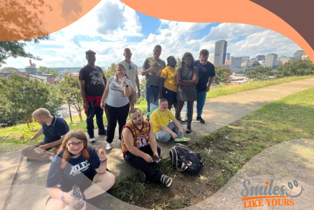 Adults with developmental disabilities enjoying a supported community outing in Richmond with Smiles Like Yours