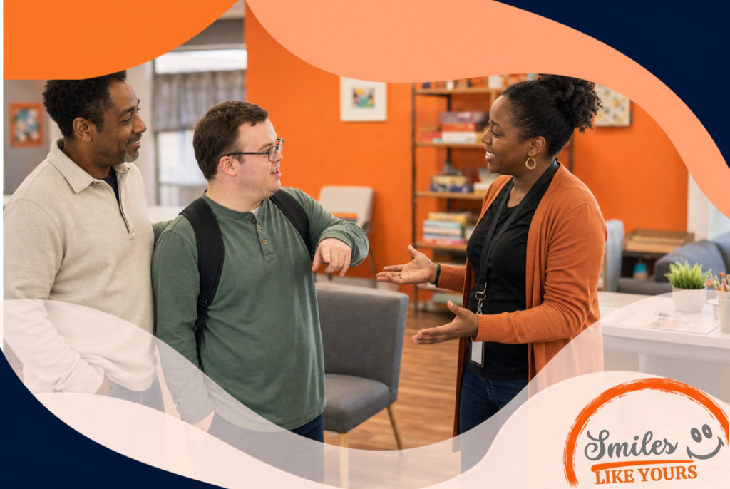 Support professional discussing community outings for adults with disabilities with an adult participant and family member.