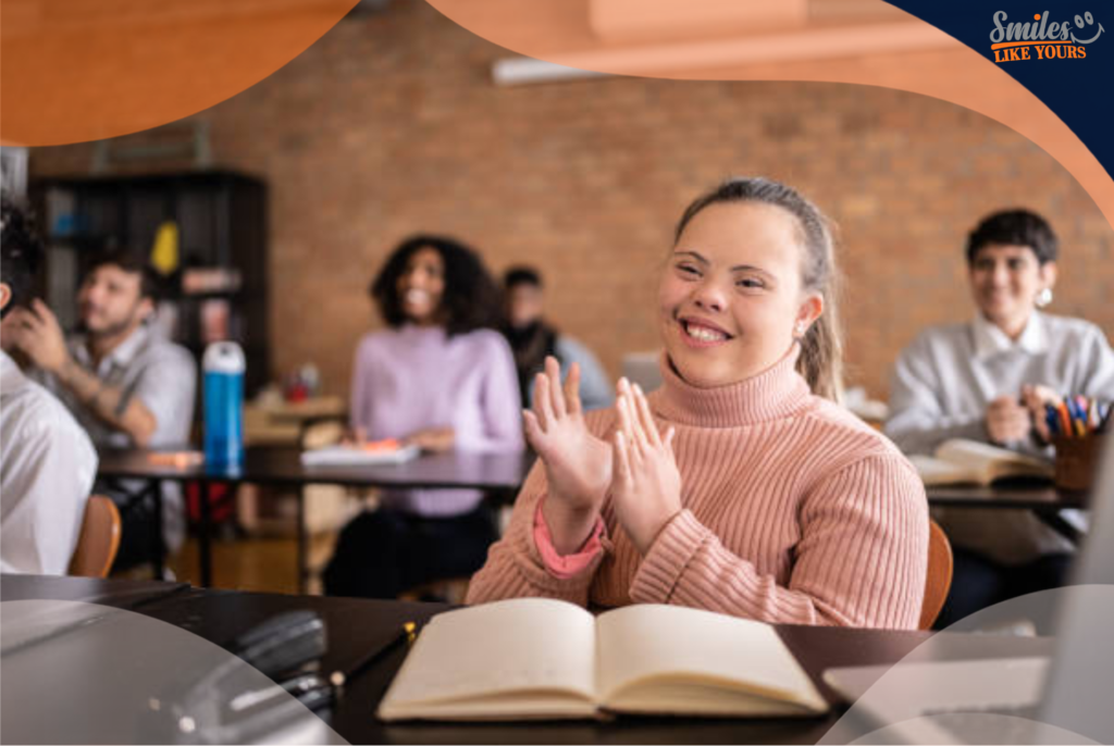 Young woman smiling and participating in an inclusive group learning activity