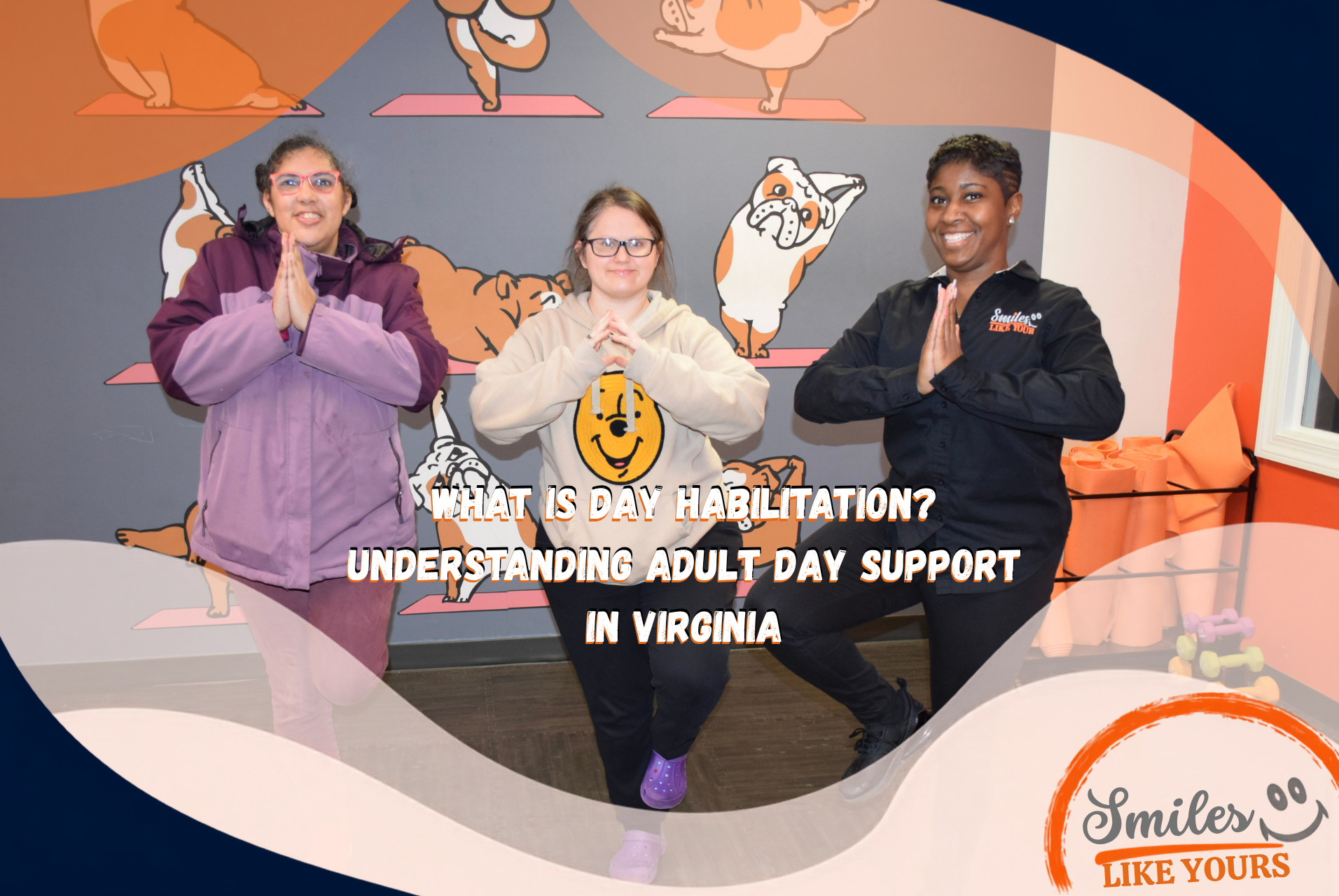 Adults participating in a supported yoga activity at Smiles Like Yours in Virginia.