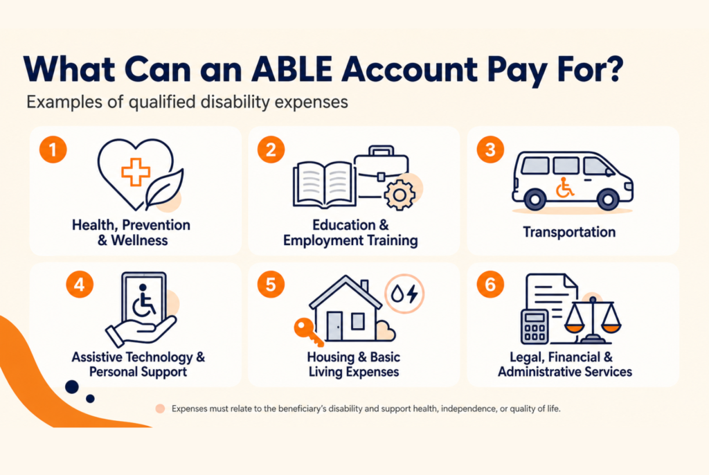 Infographic showing health, education, transportation, assistive technology, housing, and legal expenses that an ABLE account may cover.