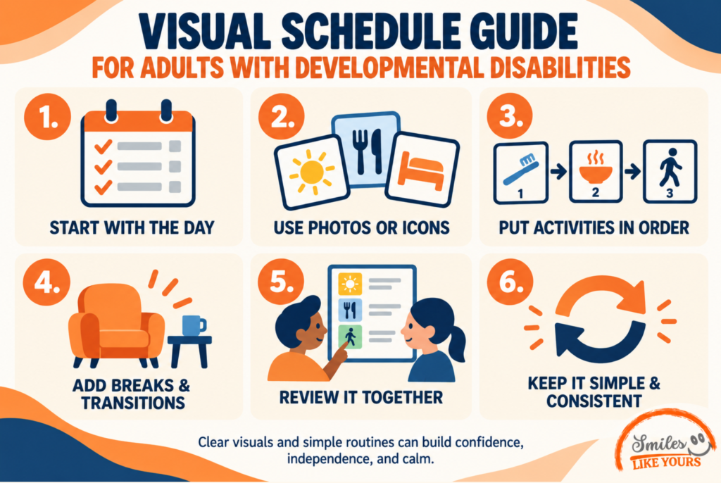 Visual schedule guide for adults with developmental disabilities showing simple steps for creating daily routines.