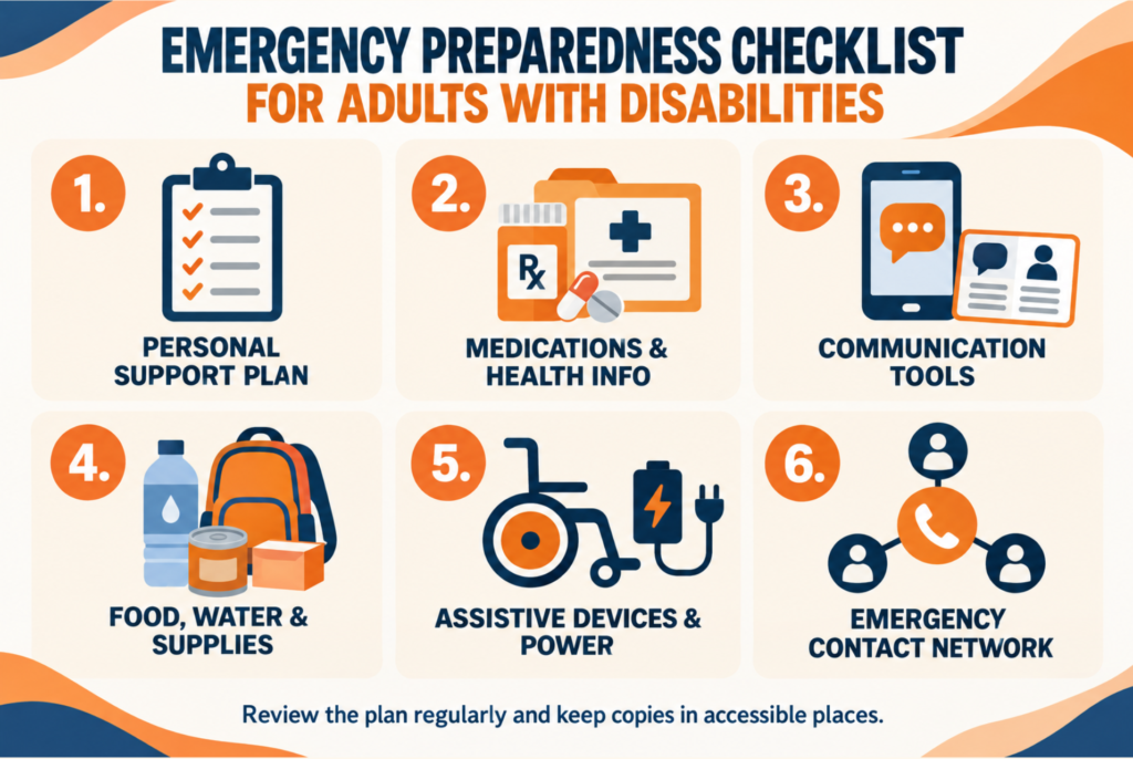: Illustrated emergency preparedness checklist for adults with disabilities, covering support plans, medications, communication tools, supplies, assistive devices, and emergency contacts.